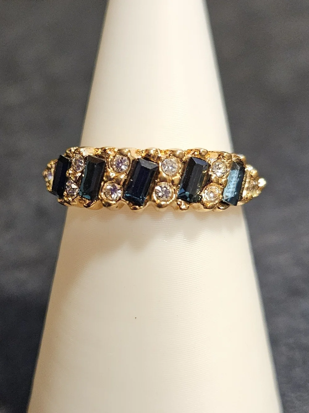Gold Plated Blue Crystal & Clear CZ Bar Ring. Size 8 - Picture 1 of 5